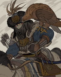 Rule 34 | 1boy, animal, animal on arm, arm guards, armor, arrow (projectile), bird, bird on arm, black eyes, black gloves, bow (weapon), brown headwear, covered mouth, cuffs, eyeliner, falconry, fur hat, fur trim, gloves, hat, hat feather, highres, horse, horseback riding, kenkon no washi, li sakura, looking at animal, looking away, makeup, male focus, mask, mouth mask, riding, sideways glance, weapon