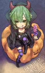 Rule 34 | 1girl, :p, ameiro, bad id, bad pixiv id, candy, food, green hair, hairband, halloween, happy halloween, hood, hoodie, horns, jack-o&#039;-lantern, lollipop, nekoda (ameiro), original, simple background, sitting, solo, striped clothes, striped thighhighs, swirl lollipop, thighhighs, tongue, tongue out, yellow eyes