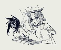 Rule 34 | 2girls, ahoge, angry, animal ears, apron, breasts, clenched hands, cucumber, cutting board, flying sweatdrops, greyscale, highres, hishi amazon (umamusume), horse ears, long hair, mame nabe donko, medium breasts, meisho doto (umamusume), monochrome, motion blur, multiple girls, open mouth, shirt, short hair, sleeves rolled up, speed lines, sweater, traditional media, umamusume, upper body, v-shaped eyebrows