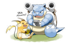 Rule 34 | :d, anniversary, blastoise, commentary request, creatures (company), eye contact, game boy, game boy (original), game freak, gen 1 pokemon, handheld game console, highres, holding, holding handheld game console, kinoshita jiroh, looking at another, nintendo, no humans, open mouth, playing games, pokemon, pokemon (creature), raichu, sitting, smile, toes, tongue