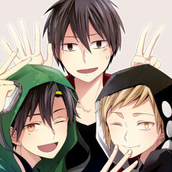 Rule 34 | 3boys, :d, black eyes, black hair, black hoodie, black shirt, casual, circle, closed mouth, collarbone, collared jacket, commentary request, fingernails, green jumpsuit, grey background, hand to own mouth, hands up, hood, hood up, hooded jumpsuit, hoodie, jacket, jumpsuit, kagerou project, kano shuuya, kisaragi shintarou, light brown hair, looking at viewer, male focus, mekakucity actors, multiple boys, open clothes, open jacket, open mouth, outline, print hoodie, red jacket, seto kousuke, shirt, simple background, smile, sweat, track jacket, two-sided hoodie, two-tone hoodie, upper body, usm (kk316), v, white hoodie, white outline, yellow eyes
