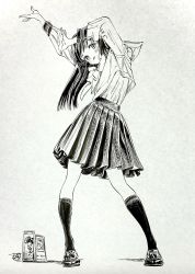 Rule 34 | 1girl, arms up, bag, blush, closed mouth, head tilt, highres, hiro (dismaless), leaning, long hair, long sleeves, looking at viewer, monochrome, original, pleated skirt, school bag, school uniform, shirt, shoes, skirt, socks, solo, standing, traditional media