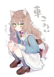Rule 34 | 1girl, absurdres, animal ear fluff, animal ears, bag, bell, blush, bow, bowtie, brown footwear, brown hair, cat ears, chiyomaru (yumichiyo0606), collar, fake wings, frown, green eyes, grey socks, highres, loafers, long hair, long sleeves, neck bell, original, plaid, plaid bow, pleated skirt, school uniform, serafuku, shoes, simple background, skirt, socks, solo, squatting, tearing up, translation request, trembling, white background, wings
