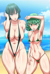 Rule 34 | 2girls, areola slip, armpits, bare shoulders, beach, bikini, blue sky, blush, breasts, covered erect nipples, curly hair, day, female focus, fubuki (one-punch man), green bikini, green eyes, green hair, highres, large breasts, looking at viewer, matching hair/eyes, multicolored hair, multiple girls, navel, ocean, one-punch man, open mouth, sand, shore, short hair, siblings, sisters, sky, slingshot swimsuit, small breasts, standing, stomach, studiotagata, sweat, swimsuit, tatsumaki, two-tone hair, underboob, wedgie