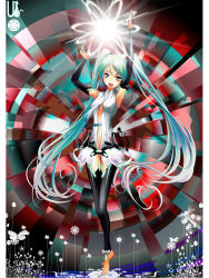 Rule 34 | 1girl, anklet, aqua eyes, aqua hair, bad id, bad pixiv id, barefoot, bridal gauntlets, elbow gloves, fingerless gloves, gloves, hatsune miku, hatsune miku (append), jewelry, long hair, navel, necktie, smile, solo, thighhighs, toeless legwear, twintails, ui (fuugetsuin), unidentified flying girl, very long hair, vocaloid, vocaloid append, zettai ryouiki