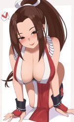 Rule 34 | 1girl, all fours, brown eyes, brown hair, fatal fury, heart, highres, leaning forward, long hair, looking at viewer, shiranui mai, teasing, the king of fighters, wabimochi, white background
