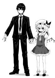 Rule 34 | 1boy, 1girl, ascot, bobby socks, bow, closed mouth, crystal, flandre scarlet, formal, full body, greyscale, hat, hat bow, height difference, highres, holding hands, long sleeves, looking at viewer, medium hair, mob cap, monochrome, necktie, nigo (aozoragarou), one side up, pants, shoes, short hair, short sleeves, skirt, smile, socks, standing, touhou, wings