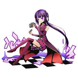 Rule 34 | 10s, 1girl, alpha transparency, bridal gauntlets, card, clammy zell, crossed legs, divine gate, full body, holding, holding card, long hair, neck ribbon, no game no life, official art, purple eyes, purple hair, purple skirt, purple thighhighs, ribbon, see-through, sidelocks, skirt, solo, thighhighs, transparent background, ucmm, yellow ribbon, zettai ryouiki