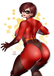 Rule 34 | 1girl, arm support, artist name, ass, bodysuit, bokuman, boots, breasts, brown eyes, brown hair, curvy, domino mask, elastigirl, from behind, gloves, helen parr, highres, huge ass, large breasts, looking at viewer, looking back, mask, red bodysuit, shiny clothes, short hair, simple background, skin tight, solo, standing, superhero costume, sweat, the incredibles, thigh boots, thighhighs, thong, wide hips