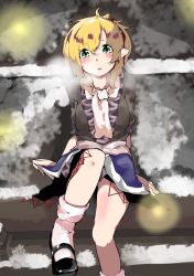 Rule 34 | 1girl, arm warmers, black footwear, black skirt, blonde hair, blush, breasts, breath, brown shirt, commentary request, foot out of frame, green eyes, hair between eyes, koma kitsune (kururito), layered clothes, looking at viewer, mary janes, medium breasts, mizuhashi parsee, open mouth, pointy ears, sash, scarf, shirt, shoes, short hair, short ponytail, short sleeves, sitting, skirt, socks, solo, touhou, white sash, white scarf, white socks