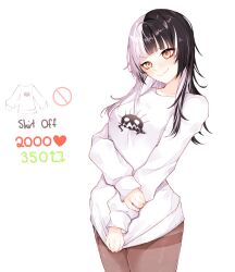 Rule 34 | 1girl, alternate costume, black hair, blush, breasts, casual, commentary, cowboy shot, english commentary, english text, highres, holding own arm, hololive, hololive english, like and retweet, long sleeves, looking at viewer, ma draws, medium breasts, meme, multicolored hair, pantyhose, shiori novella, shirt tug, simple background, sleeves past wrists, smile, solo, split-color hair, sweater, twitter strip game (meme), two-tone hair, virtual youtuber, white background, white hair, white sweater, yellow eyes