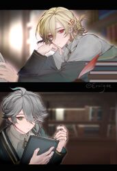 Rule 34 | 2boys, 2koma, aged down, ahoge, alhaitham (genshin impact), alternate costume, arabian clothes, blonde hair, book, closed mouth, comic, earrings, erligte, genshin impact, green eyes, green sleeves, grey hair, grey shirt, hair ornament, hair over one eye, hand on own chin, highres, holding, holding book, implied yaoi, indoors, jewelry, kaveh (genshin impact), long sleeves, male focus, multiple boys, red eyes, shirt, short hair, sitting, staring, twitter username, upper body, x hair ornament