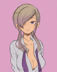 Rule 34 | 1girl, breasts, cleavage, dress shirt, hair over one eye, large breasts, manami (artist), necktie, purple background, shirt, solo, sugano manami, swept bangs, undone necktie