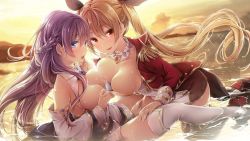 Rule 34 | 2girls, asymmetrical docking, azur lane, bare shoulders, beach, black ribbon, blonde hair, blue eyes, braid, breast press, breasts, chiyingzai, commentary request, detached collar, detached sleeves, epaulettes, hair between eyes, hair ribbon, hand on own hip, jacket, large breasts, light purple hair, long hair, multiple girls, nelson (azur lane), open mouth, red eyes, red jacket, ribbon, rodney (azur lane), sky, sunset, thighhighs, twintails, water, wet, white legwear