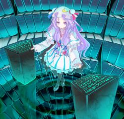Rule 34 | 1girl, aonaga heri, book, bow, crescent, dress, female focus, hair bow, hair ornament, hat, library, long hair, long sleeves, pantyhose, patchouli knowledge, purple eyes, purple hair, solo, striped, touhou, voile