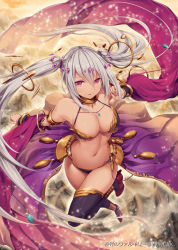 1girl akkijin arm_up armlet armor bare_shoulders bikini_armor black_thighhighs bracelet breasts choker cleavage dark-skinned_female dark_skin detached_sleeves hair_between_eyes hair_ornament high_heels jewelry large_breasts long_hair navel red_eyes shinkai_no_valkyrie shiva_(shinkai_no_valkyrie) silver_hair solo thighhighs twintails