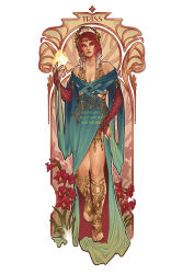 Rule 34 | 1girl, absurdres, art nouveau, artist name, blue dress, breasts, character name, circlet, cleavage, dress, flower, flower request, full body, hannahartwork, head wreath, highres, magic, medium breasts, red flower, red hair, solo, standing, the witcher (series), toeless footwear, triss merigold, white background