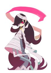 Rule 34 | 1girl, 2015, ashley (warioware), bandages, black hair, highres, iwato1712, long hair, looking at viewer, mummy costume, nintendo, one eye covered, red eyes, solo, warioware, white background