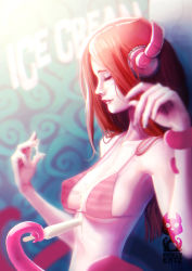 Rule 34 | 1girl, arm up, armpits, artist name, bare shoulders, bikini, blurry, breasts, cleavage, closed eyes, closed mouth, collarbone, consensual tentacles, covered erect nipples, depth of field, english text, food, food on hand, freckles, from side, headphones, holding, holding food, ice cream, krakenkatz, light smile, lips, long hair, melting, original, popsicle, red bikini, red hair, restrained, solo, striped bikini, striped clothes, suggestive fluid, swimsuit, tentacles, upper body