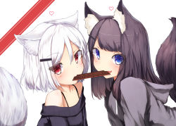 Rule 34 | 2girls, absurdres, animal ears, bare shoulders, black hair, blue eyes, blush, candy, chocolate, chocolate bar, fang, food, food in mouth, fox ears, fox tail, hair ornament, hairclip, heart, highres, hood, hood down, hoodie, long hair, looking at viewer, mayogii, mouth hold, multiple girls, off shoulder, original, red eyes, shared food, short hair, signature, smile, tail, upper body, valentine, white background, white hair