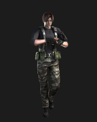Rule 34 | 1boy, absurdres, black shirt, boots, brown hair, camouflage, capcom, full body, gun, highres, leon s. kennedy, male focus, official art, resident evil, resident evil: the darkside chronicles, shirt, simple background, solo, weapon