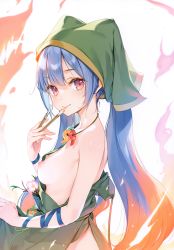 Rule 34 | 1girl, :p, absurdres, bare shoulders, blue hair, blush, breasts, flower, flower request, food, from side, haniyasushin keiki, head scarf, highres, jewelry, ke-ta, long hair, looking at viewer, magatama, magatama necklace, medium breasts, necklace, nipples, pink eyes, pink flower, ponytail, scan, simple background, solo, tongue, tongue out, touhou, upper body, white background