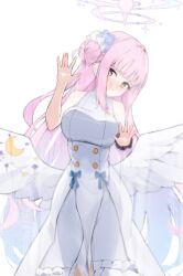 1girl absurdres angel_wings blue_archive capelet commentary feathered_wings gradient_halo hair_bun halo highres low_wings mika_(blue_archive) multicolored_halo opm7760 pink_halo scrunchie single_side_bun solo white_capelet white_wings wing_ornament wings wrist_scrunchie