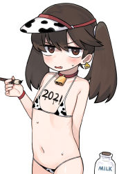Rule 34 | 1girl, 2021, animal print, bare shoulders, bell, bikini, blush, body writing, bottle, brown eyes, brown hair, chinese zodiac, collar, commentary request, cow print, ear tag, fang, flat chest, hair between eyes, hand up, hat, highres, holding, holding paintbrush, kantai collection, korean commentary, lakilolom, looking at viewer, milk bottle, nail polish, navel, neck bell, paintbrush, parted lips, print bikini, print headwear, red collar, red nails, ryuujou (kancolle), simple background, solo, sweat, swimsuit, twintails, v-shaped eyebrows, visor cap, wavy mouth, white background, white bikini, white hat, year of the ox