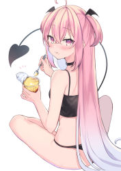 Rule 34 | 1girl, absurdres, ahoge, bare arms, bare shoulders, black camisole, black choker, black panties, black wings, blue hair, blush, camisole, choker, closed mouth, commentary request, crop top, cup, demon girl, demon tail, demon wings, disposable cup, food, food on face, from behind, gradient hair, hair between eyes, head wings, highres, holding, holding cup, holding spoon, licking lips, long hair, looking at viewer, looking back, mini wings, multicolored hair, notice lines, okiq, original, panties, pink hair, pudding, purple eyes, simple background, sitting, smile, solo, spoon, tail, tongue, tongue out, two side up, underwear, underwear only, very long hair, white background, wings