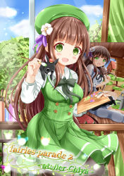 Rule 34 | 1girl, :d, animal, anko (gochiusa), beret, bird, black pantyhose, blouse, blue sky, blunt bangs, blush, bow, bowtie, breasts, brown hair, building, canvas, character name, cloud, collared shirt, commentary request, curtains, day, dress, english text, flower, food, gochuumon wa usagi desu ka?, green dress, green eyes, grey neckwear, hair flower, hair ornament, hat, highres, holding, holding food, hoto cocoa&#039;s school uniform, indoors, large breasts, long hair, looking at viewer, no shoes, open mouth, paint, paintbrush, painting (action), painting (object), palette (object), pantyhose, plaid, plaid sailor collar, plaid skirt, plant, purple ribbon, rabbit, red sailor collar, red skirt, ribbon, sailor collar, school uniform, shirt, sitting, skirt, sky, smile, tree, ujimatsu chiya, undershirt, vines, wagashi, white flower, white shirt, window, wing collar, xenon (for achieve), youkan (food)