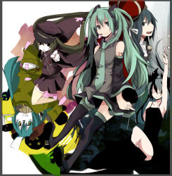 Rule 34 | 148, 5girls, armpits, bad id, bad pixiv id, detached sleeves, closed eyes, gloves, hat, hatsune miku, headset, long hair, matryoshka (vocaloid), multiple girls, multiple persona, necktie, open mouth, peaked cap, petals, pointing, senbon-zakura (vocaloid), shinkai shoujo (vocaloid), skirt, smile, songover, the beast (vocaloid), thighhighs, twintails, very long hair, vocaloid