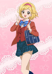 Rule 34 | 1girl, :d, bag, blonde hair, blue bow, blue bowtie, blue skirt, blue socks, blush, bow, bowtie, brown eyes, collared shirt, djeeta (granblue fantasy), dress shirt, futari wa precure, granblue fantasy, hairband, hanosuke, highres, jacket, long sleeves, looking at viewer, medium hair, miniskirt, open clothes, open jacket, open mouth, parted bangs, pink hairband, plaid, plaid skirt, pleated skirt, precure, red jacket, red vest, school bag, school uniform, shirt, sketch, skirt, smile, socks, solo, standing, striped bow, striped bowtie, striped clothes, v, verone gakuin school uniform, vest, white shirt, wing collar