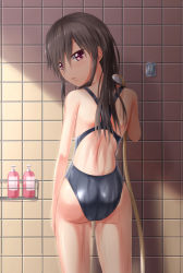 Rule 34 | 1girl, ass, brown hair, competition swimsuit, from behind, highres, long hair, one-piece swimsuit, original, red eyes, shower head, solo, swimsuit, takuya kame, tile wall, tiles, wet