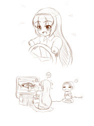 Rule 34 | ..., 1girl, amputee, blush, car, computer, cushion, english text, hairband, heart, highres, long hair, mi-ke, mikey sukairain, monitor, monochrome, motor vehicle, open mouth, playing games, quadruple amputee, simple background, sitting, smile, spoken heart, steering wheel, table, white background