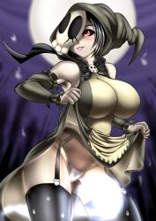 Rule 34 | 1girl, arm warmers, armpits, bare shoulders, black hair, black sclera, blush, bow, breasts, bridal gauntlets, cape, clothes lift, colored sclera, creatures (company), curvy, dress, dress lift, duskull, female focus, game freak, garter belt, gen 3 pokemon, gradient background, hip focus, hood, large breasts, lens flare, mask, nintendo, one eye covered, pale skin, panties, personification, pokemon, red eyes, short hair, sleeveless, sleeveless dress, solo, thighhighs, thighs, tongue, tongue out, underwear
