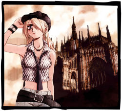 Rule 34 | 1girl, architecture, armpits, belt, blonde hair, blue eyes, bracelet, breasts, buttons, cabbie hat, church, cleavage, cloud, cuffs, denim, earrings, evening, framed, goth fashion, gothic architecture, hair over one eye, hat, jeans, jewelry, long hair, medium breasts, messiah cage, midriff, necklace, necktie, pants, photo (medium), photo (object), photo background, sky, solo, standing, wristband