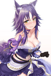 Rule 34 | 1girl, absurdres, animal ear fluff, animal ears, black gloves, blush, breasts, choker, cleavage, collarbone, detached sleeves, frilled sleeves, frills, gloves, highres, looking at viewer, makoto (cinderella) (princess connect!), makoto (princess connect!), medium breasts, medium hair, midriff, navel, princess connect!, purple choker, purple hair, rama (yu-light8), ribbon choker, solo, strapless, wavy mouth, white background, yellow eyes
