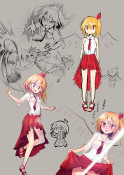 Rule 34 | 1girl, alternate costume, blonde hair, blush, censored, chipa (arutana), clothes lift, contemporary, convenient censoring, fangs, flandre scarlet, highres, looking at viewer, necktie, no panties, pointy ears, red eyes, side ponytail, sketch, skirt, skirt lift, smile, solo, touhou, translation request, wings