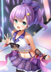 Rule 34 | 1girl, :d, aiguillette, anchor, arm warmers, azur lane, bare shoulders, black pantyhose, black ribbon, blurry, blurry background, blush, bow, breasts, collarbone, commentary request, cowboy shot, earpiece, glowstick, green eyes, hair ornament, heart, high ponytail, idol, javelin (azur lane), javelin (energetic idol @120% motivation!) (azur lane), looking at viewer, manda (manda9n), medium breasts, microphone, midriff, navel, open mouth, pantyhose, plaid, plaid bow, plaid skirt, purple bow, purple hair, purple skirt, ribbon, shirt, sidelocks, skirt, sleeveless, sleeveless shirt, smile, solo, stage, stage lights, standing, star (symbol), star hair ornament, suspender skirt, suspenders, water drop, white shirt, wrist cuffs, wrist ribbon