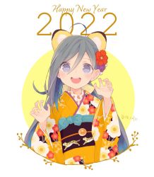 Rule 34 | 1girl, 2022, animal ears, blue hair, colis, grey eyes, grey hair, hair between eyes, happy new year, kantai collection, kiyoshimo (kancolle), long hair, looking at viewer, multicolored hair, new year, open mouth, smile, solo, teeth, tiger ears, upper teeth only