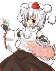 Rule 34 | 1girl, animal ears, black gloves, detached sleeves, female focus, fingerless gloves, folding fan, gloves, glowstick, hachimi, hand fan, hat, inubashiri momiji, open mouth, pom pom (clothes), red eyes, ribbon, shirt, short hair, silver hair, simple background, skirt, smile, solo, tail, tokin hat, touhou, white background, wolf ears, wolf tail
