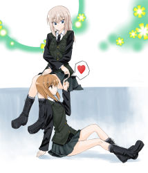 Rule 34 | 2girls, aged up, alternate costume, bad id, bad twitter id, black footwear, black jacket, black neckwear, black skirt, boots, closed mouth, cross-laced footwear, dress shirt, eno (mauritz stiller), fingers together, floral background, from side, girls und panzer, grey legwear, hand on another&#039;s head, heart, highres, itsumi erika, jacket, lace-up boots, long hair, long sleeves, looking at another, military, military uniform, miniskirt, multiple girls, necktie, nishizumi miho, pleated skirt, selection university military uniform, shirt, short hair, sitting, skirt, smile, socks, spoken heart, uniform, white shirt, yuri