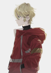 Rule 34 | 1boy, black shirt, blonde hair, closed mouth, commentary request, darling in the franxx, from side, green eyes, grey background, hair between eyes, hands in pockets, highres, jacket, long sleeves, looking at another, male focus, messy, messy hair, nine alpha, red jacket, shirt, simple background, turtleneck, unapoppo, upper body