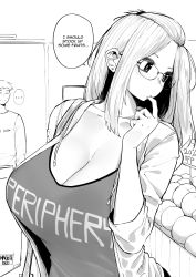 Rule 34 | 1boy, 1girl, absurdres, artist name, bangs pinned back, breasts, cleavage, earrings, english text, finger to mouth, folded hair, glasses, greyscale, groceries, hair pulled back, highres, hood, hoodie, inne sulistya robin, jewelry, large breasts, long hair, looking at another, looking to the side, monochrome, norman maggot, open clothes, open hoodie, original, sidelocks, speech bubble, standing