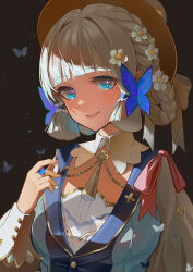 Rule 34 | 1girl, absurdres, ai dongdong, ayaka (genshin impact), black background, blue butterfly, blue eyes, blunt bangs, blunt tresses, braid, braided hair rings, breasts, brown hat, bug, butterfly, butterfly hair ornament, butterfly ring, buttons, closed mouth, collar, detached collar, flower, genshin impact, gold trim, hair flower, hair ornament, hair rings, hand up, hat, hat ribbon, highres, insect, kamisato ayaka, kamisato ayaka (springbloom missive), long hair, long sleeves, looking at viewer, medium breasts, mole, mole under eye, neck tassel, official alternate costume, official alternate hairstyle, ribbon, smile, solo, upper body, white collar, white flower, white ribbon