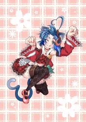 Rule 34 | 1girl, ahoge, animal ears, blue eyes, blue hair, bow, cat ears, cat tail, choker, crescent, crescent hair ornament, crescent necklace, crop top, elbow gloves, fangs, frills, full body, gloves, hair ornament, hairband, heart, highres, jewelry, kemonomimi mode, looking at viewer, midriff, navel, necklace, plaid, plaid skirt, red choker, red skirt, rena lanford, skirt, smile, solo, star ocean, star ocean anamnesis, star ocean the second story, suspenders, tail, yu 7th sense
