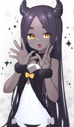 Rule 34 | 1girl, :o, bare shoulders, black hair, dark-skinned female, dark skin, diamond cutout, dress, flat chest, gradient background, hair horns, hands up, highres, indie virtual youtuber, lazu0721, long hair, looking at viewer, open mouth, parted bangs, roroboshi-chan, short eyebrows, solo, sparkle, upper body, very long hair, virtual youtuber, wrist cuffs