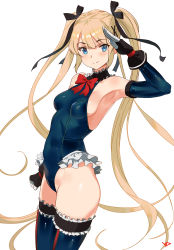 Rule 34 | 1girl, alternate costume, armpits, artist name, bare shoulders, black gloves, black ribbon, blonde hair, blue eyes, blue leotard, blue one-piece swimsuit, blue thighhighs, blunt bangs, blush, bow, bowtie, breasts, choker, clenched hand, closed mouth, covered navel, cowboy shot, dead or alive, dead or alive 5, detached sleeves, fingerless gloves, frilled choker, frilled leotard, frilled thighhighs, frills, gloves, groin, hair ribbon, halterneck, hand to head, hand up, highres, legs together, leotard, long hair, looking at viewer, marie rose, one-piece swimsuit, red bow, red bowtie, ribbon, salute, sideboob, sidelocks, simple background, single vertical stripe, skin tight, skindentation, small breasts, smile, solo, standing, swimsuit, thighhighs, turtleneck, twintails, very long hair, white background, yd (orange maru)