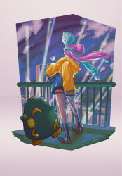 Rule 34 | 1girl, bellibolt, bike shorts, boots, character hair ornament, cloud, commentary request, creatures (company), fence, game freak, green hair, grey footwear, hair ornament, highres, iono (pokemon), jacket, long hair, multicolored hair, night, nintendo, outdoors, pikushibu (kubotakado), pink hair, pokemon, pokemon (creature), pokemon sv, single leg pantyhose, sky, standing, thigh strap, twintails, two-tone hair, yellow jacket