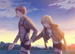 Rule 34 | 2boys, armin arlert, blonde hair, blouse, bob cut, borrowed clothes, brown hair, brown shirt, collared shirt, cowboy shot, day, from side, jacket, jacket on shoulders, jean kirstein, male focus, multiple boys, outdoors, pulling another&#039;s clothes, shingeki no kyojin, shirt, star (sky), sunset, tears, three-dimensional maneuver gear, twoframe, white shirt